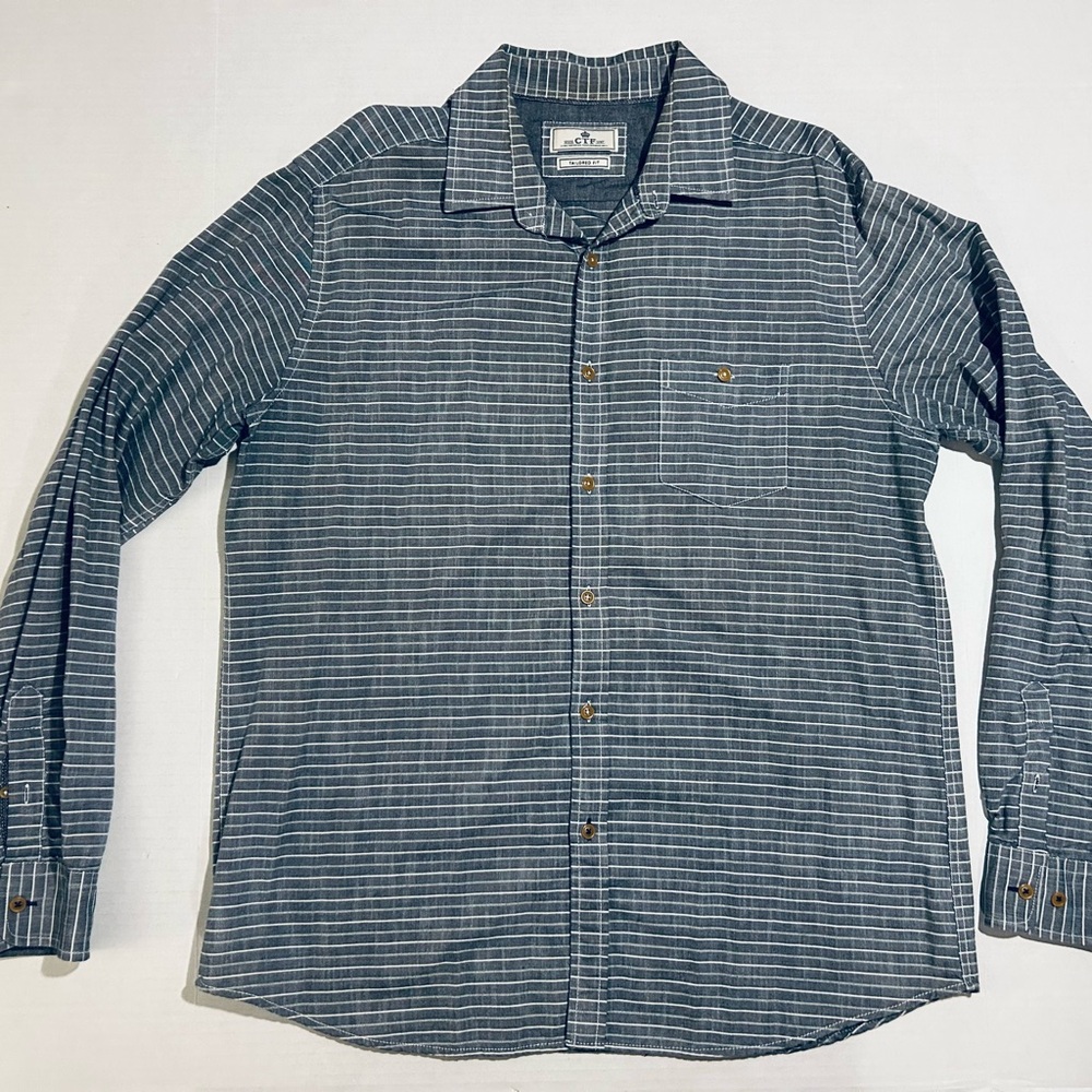 Cortefiel Tailored Fit Button Down Shirt Men's L 42 Horizontal Striped Blue